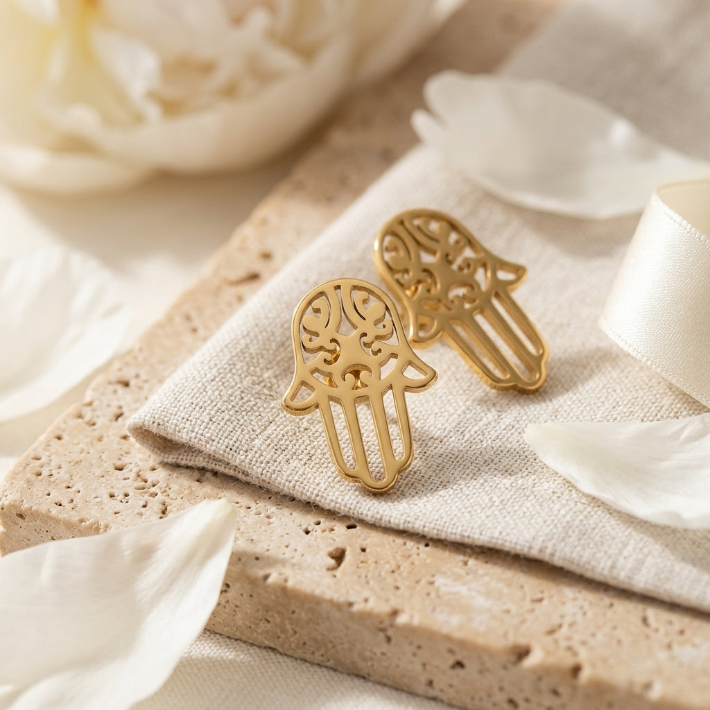 Goudkleurige Hamsa Oorstekers RVS – Handje van Fatima Oorknopjes (10x7mm)