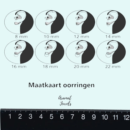 Aramat Jewels size chart for gold-colored stainless steel hoop earrings, showing various sizes from 8mm to 22mm.