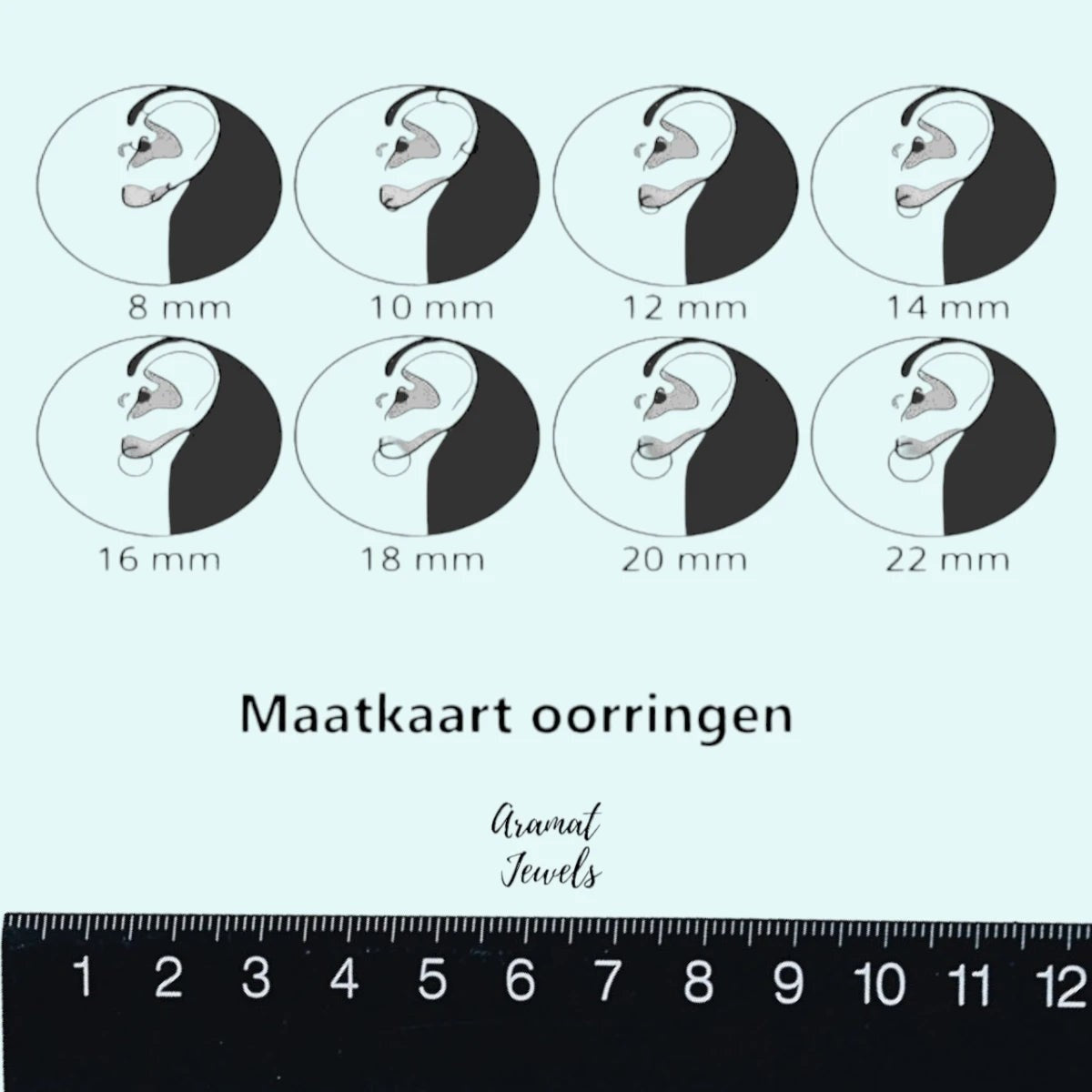Aramat Jewels size chart for earrings showing different diameters from 8mm to 22mm, with a ruler at the bottom.