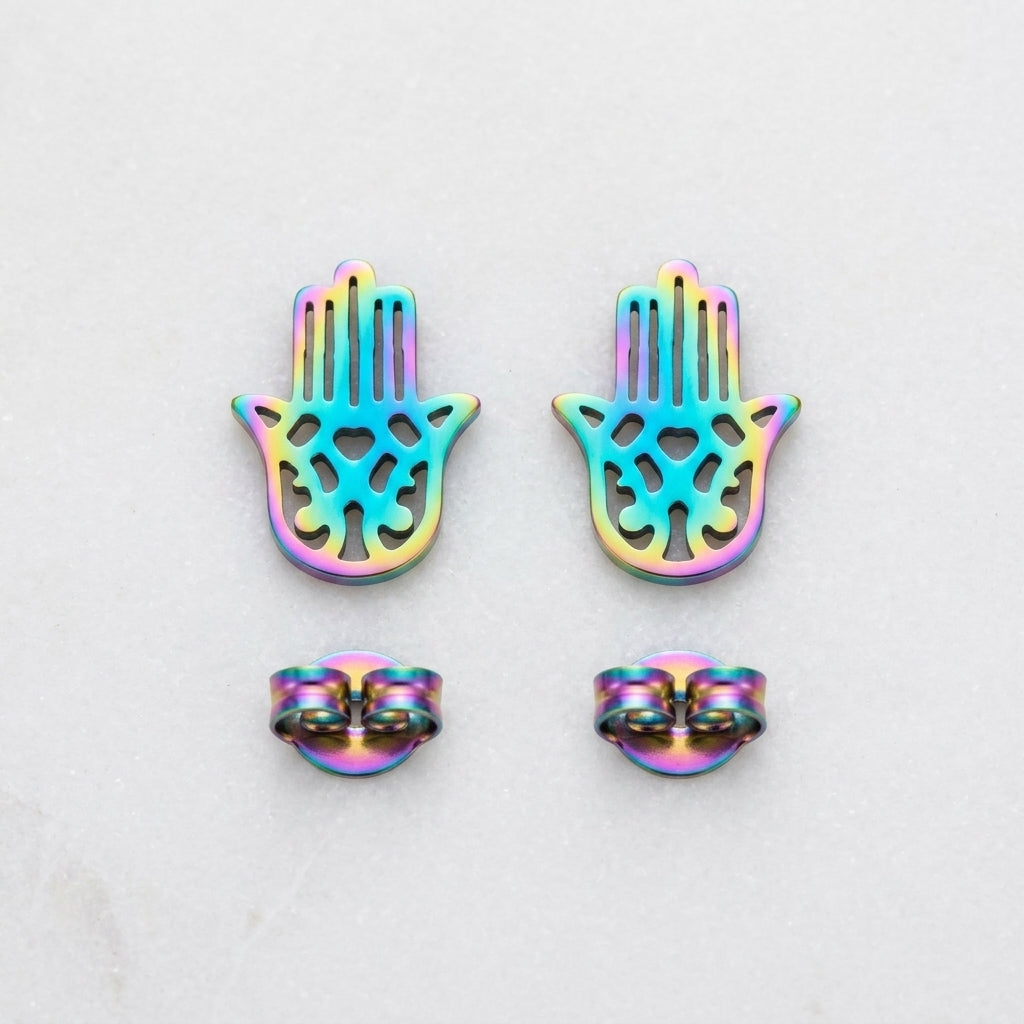 Multikleur Hamsa Oorstekers RVS – Regenboog Handje van Fatima (9x8mm)