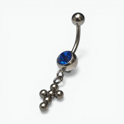Diepblauw Stalen Navelpiercing met kruisje
