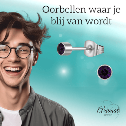 Amethist paarse kristal oorstekers – 4mm RVS - Aramat Jewels - Oorbellen - cadeautip
