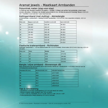 Aramat Jewels maattabel voor armbanden met maten voor polsomtrek, kettingarmbanden en elastische armbanden.