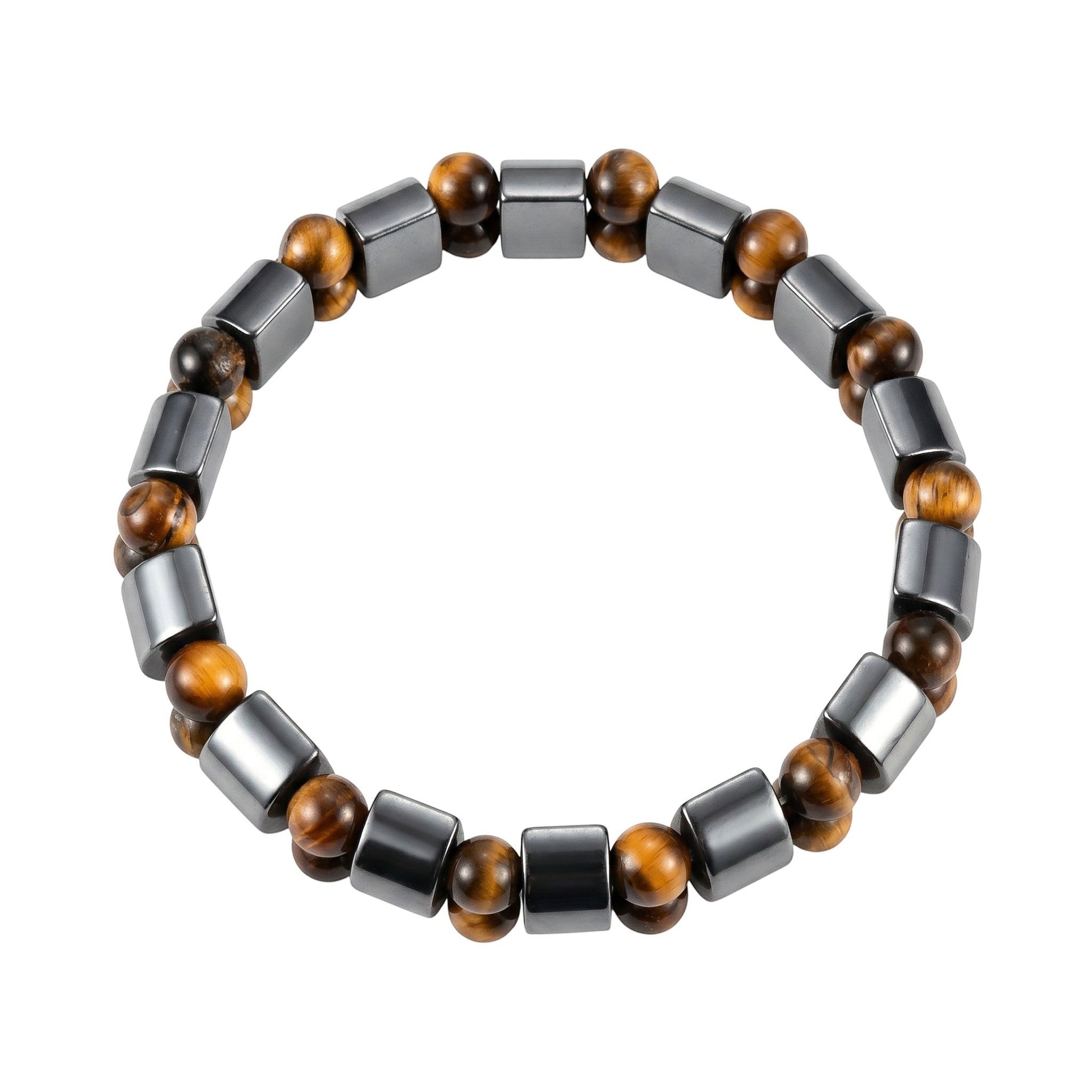 Aramat Jewels® verstelbare unisex armband met ronde tijgeroog en rechthoekige hematiet stenen.