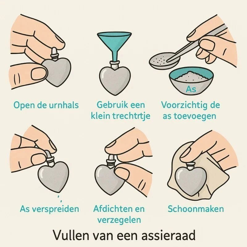 Instructies voor het vullen van een hartvormige ashanger van Aramat Jewels met een transparant kristal en 316L staal.