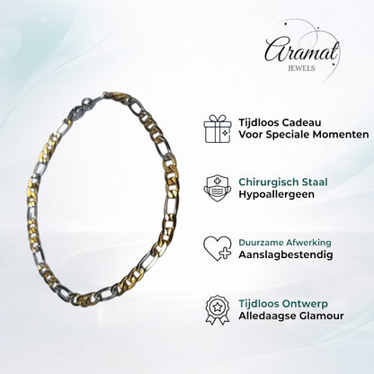 Aramat Jewels bicolor Figaro schakel armband van roestvrij staal, 4mm breed en 21cm lang.