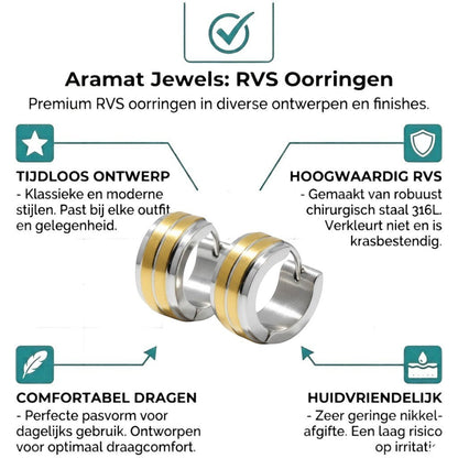 Aramat Jewels stainless steel huggie hoop earrings, 13mm, with a bicolor design featuring two gold-colored stripes.