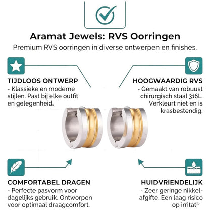 Aramat Jewels bicolor stainless steel hoop earrings with two half-round stripes, gold and silver.