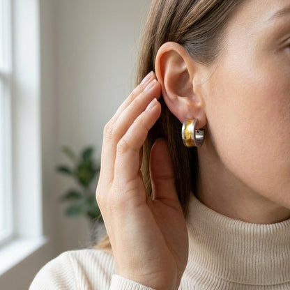 Aramat Jewels bicolor stainless steel hoop earrings with a wide gold stripe, 13mm.