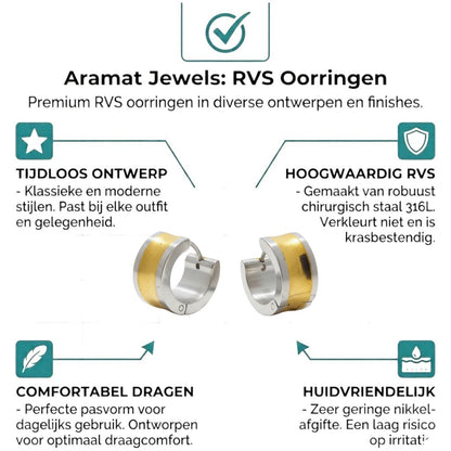 Aramat Jewels bicolor stainless steel hoop earrings with a wide gold stripe, 13mm.