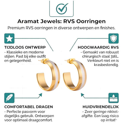 Aramat Jewels matte bicolor stainless steel hoop earrings (22mm) with a white stripe detail.