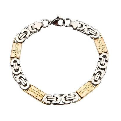 Aramat Jewels® bicolor koningsschakel armband van roestvrij staal met kruisje motief, 9mm breed en 23cm lang.