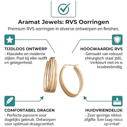 Aramat Jewels triple oval hoop earrings in gold and silver bicolor stainless steel, 35x9mm, with a hinge closure.