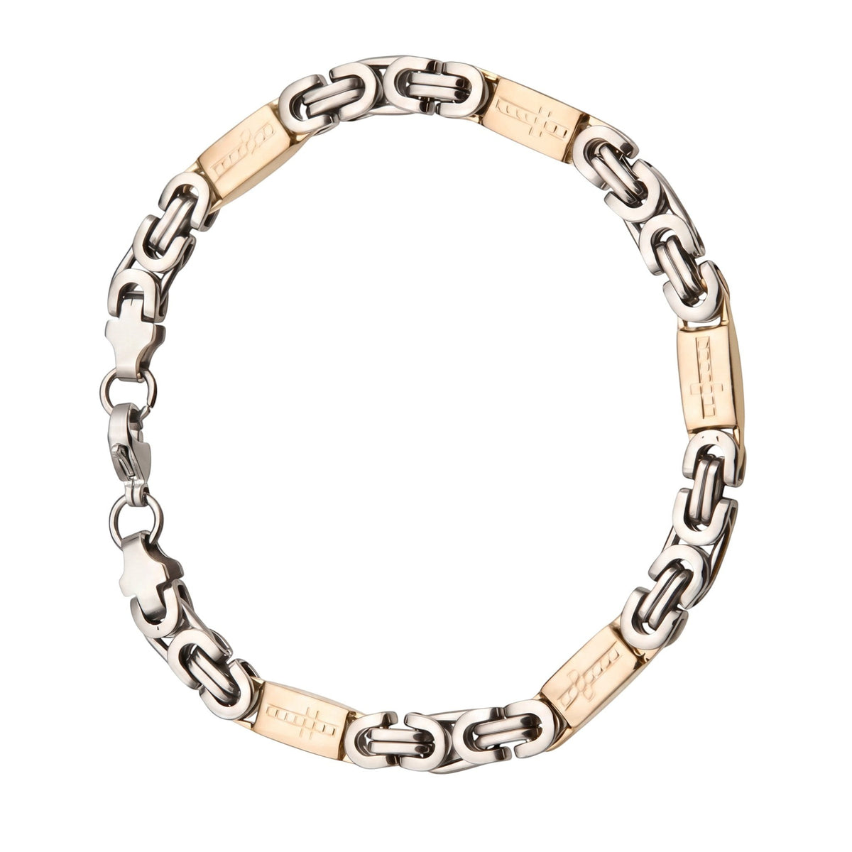 Aramat Jewels bicolor stalen koningsarmband met kruisjes, 7mm breed en 22cm lang, zilverkleurig en goudkleurig.