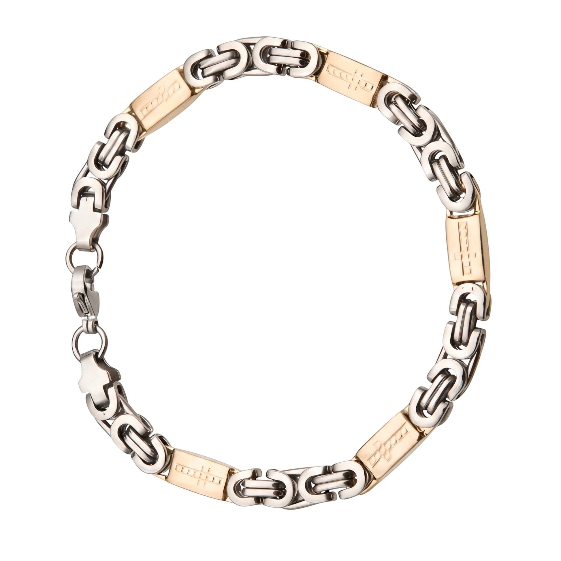 Aramat Jewels bicolor stalen koningsarmband met kruisjes, 7mm breed en 22cm lang, zilverkleurig en goudkleurig.