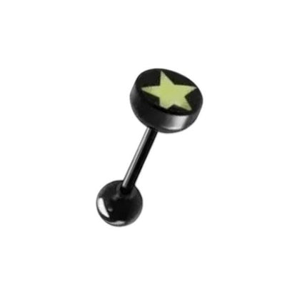 Aramat Jewels black bioplast tongue piercing with a light yellow star design and a ball end.