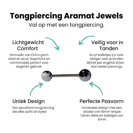 Aramat Jewels black and white acrylic flame tongue piercing with steel bar. Features 6mm balls and 16mm bar length.