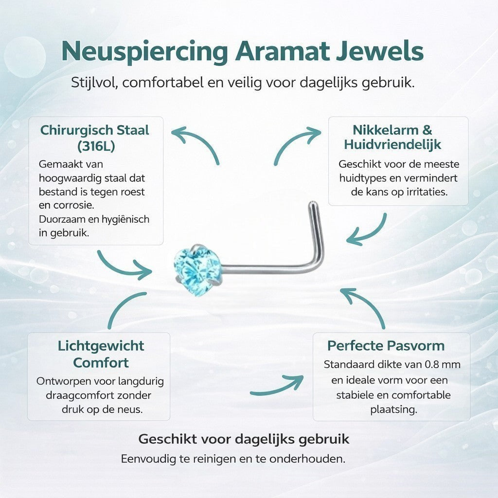 Aramat Jewels silver L-shaped nose piercing with a small blue heart-shaped cubic zirconia.