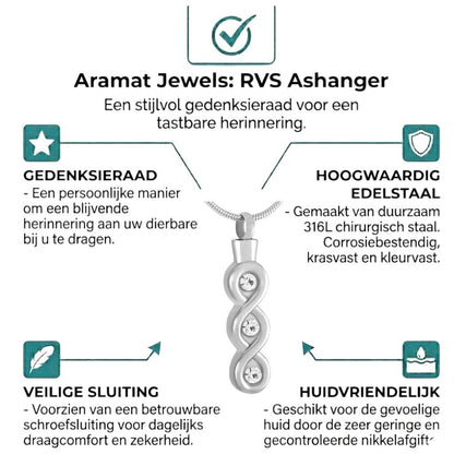 Aramat Jewels zilverkleurige RVS crematiehanger met transparante steentjes en schroefsluiting.