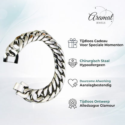 Aramat Jewels brede zilverkleurige RVS gourmet armband met stoere cuban schakels van 19mm breed en 22cm lang.