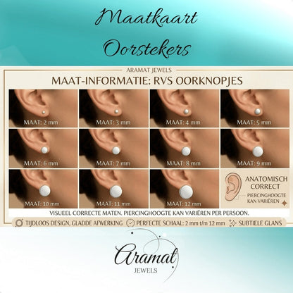Aramat Jewels size chart for RVS stud earrings, showing various sizes from 2mm to 12mm on ears.
