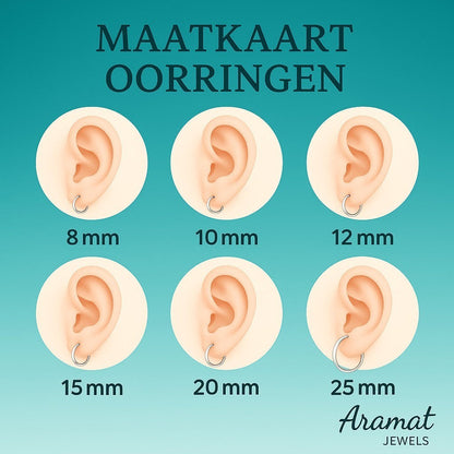 Aramat Jewels size chart for hoop earrings, showing 8mm, 10mm, 12mm, 15mm, 20mm, and 25mm sizes on ear models.