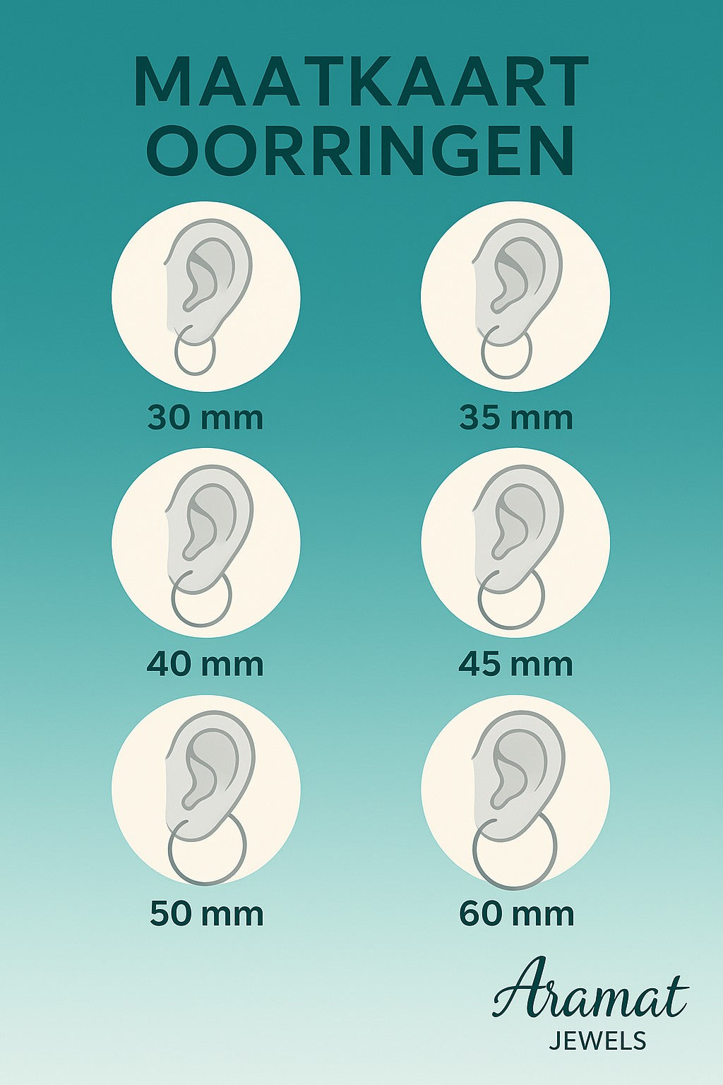 Aramat Jewels size chart for hoop earrings, showing different sizes from 30mm to 60mm.