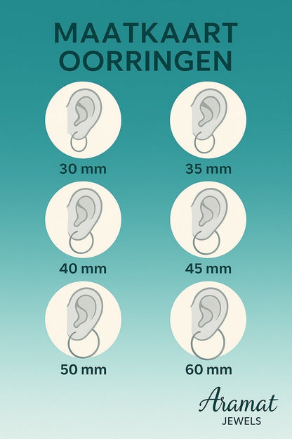 Aramat Jewels size chart for earrings, showing different hoop sizes from 30mm to 60mm illustrated on ears.