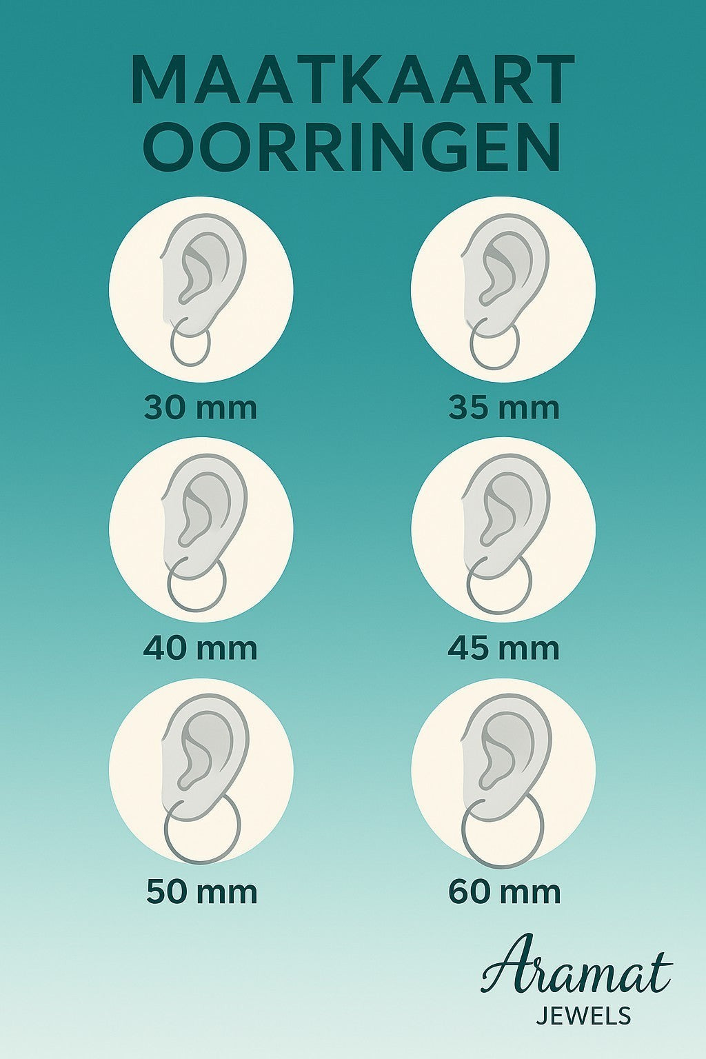 Aramat Jewels size chart for earrings showing different hoop sizes from 30mm to 60mm illustrated on ears.