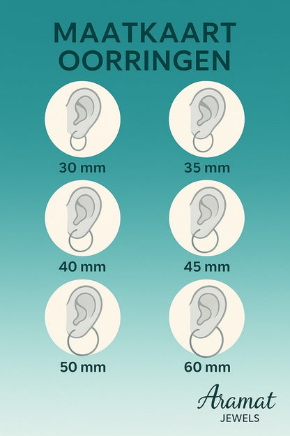 Aramat Jewels size chart for earrings showing different hoop sizes from 30mm to 60mm illustrated on ears.