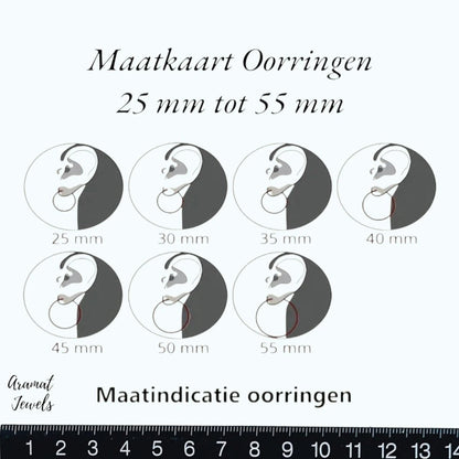 Aramat Jewels size chart showing hoop earring diameters from 25mm to 55mm illustrated on ears.