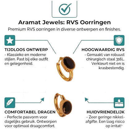 Aramat Jewels gold-tone mini hoop earrings with black oval zirconia stones, 15mm diameter.