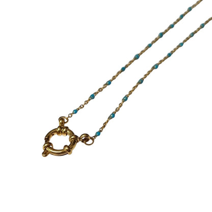 Aramat Jewels gold-tone stainless steel necklace with blue enamel beads and a circular clasp.