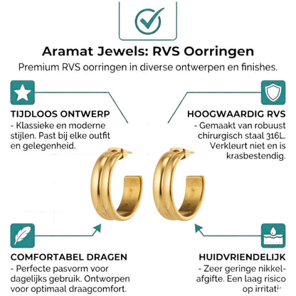 Aramat Jewels gold-tone stainless steel half-hoop earrings with double stripe detail, 23mm diameter.