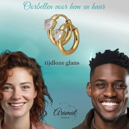 Aramat Jewels gold hoop earrings with heart-shaped cubic zirconia. These stylish earrings are designed for everyday wear.