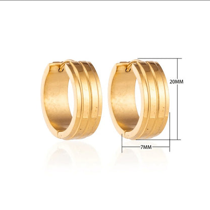 Aramat Jewels gold-tone stainless steel hoop earrings with two raised stripes, 20mm diameter, 7mm width.