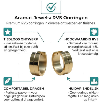 Aramat Jewels gold stainless steel hoop earrings with a subtle line detail, 20mm diameter and 7mm width.