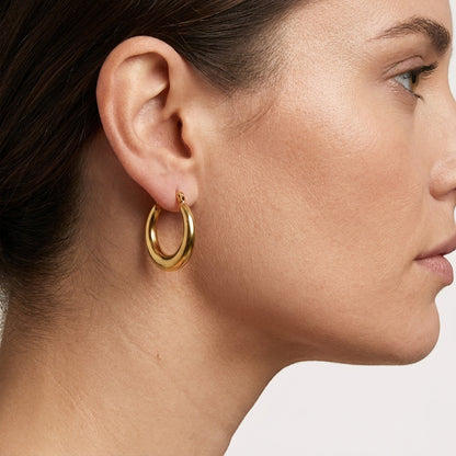 Aramat Jewels gold-tone stainless steel hoop earrings, 20mm diameter and 4mm wide, with a smooth, polished finish.