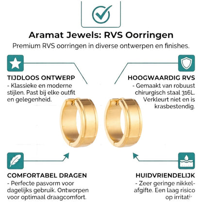 Aramat Jewels gold stainless steel hoop earrings with raised edge detail, available in 13mm or 20mm.