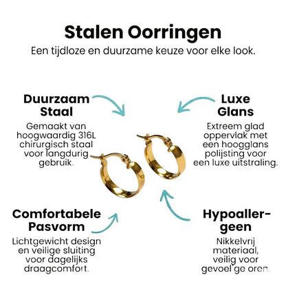 Aramat Jewels gold-colored stainless steel hoop earrings, 16mm diameter, smooth polished finish, hinge clasp.