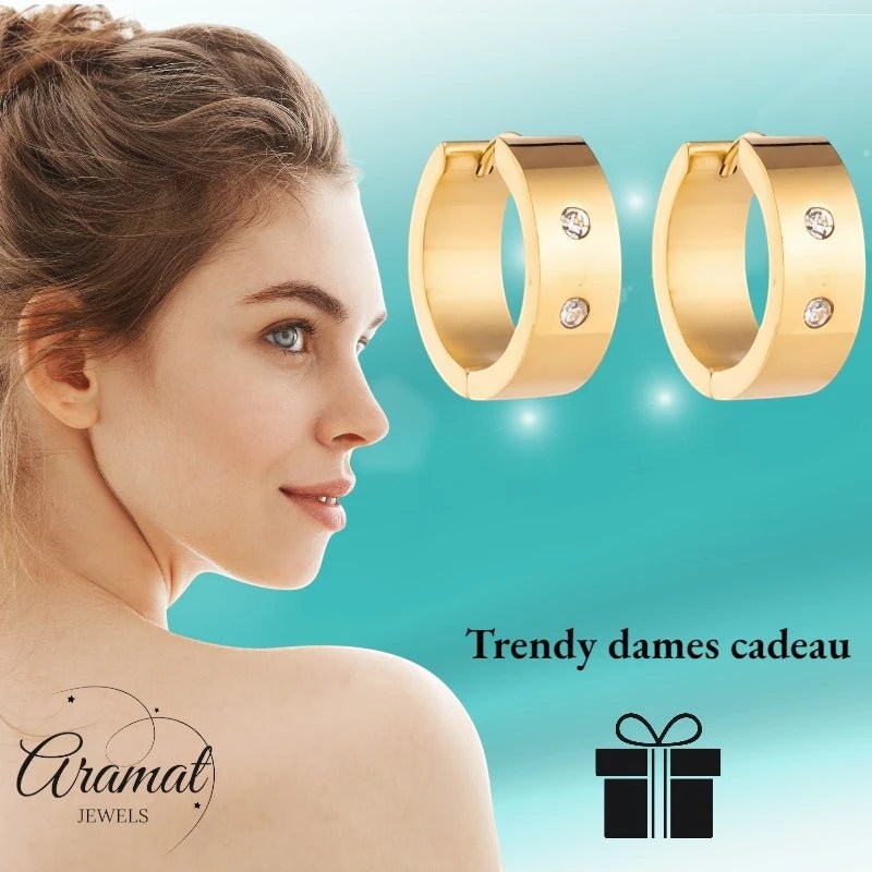 Aramat Jewels gold-tone stainless steel hoop earrings with double zirconia stones, 13mm or 20mm diameter.