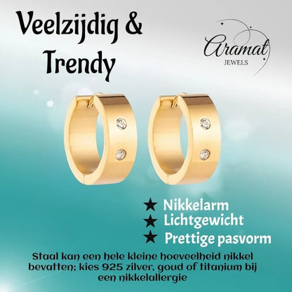 Aramat Jewels gold-tone stainless steel hoop earrings with two clear cubic zirconia stones on each earring.