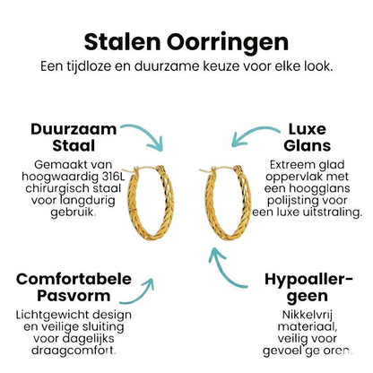 Aramat Jewels gold oval hoop earrings with a braided link design, made of stainless steel.