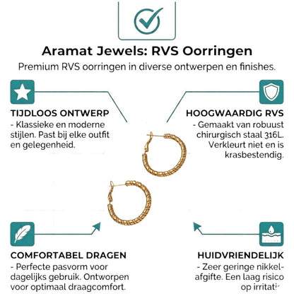 Aramat Jewels gold-tone stainless steel hoop earrings with a textured swirl design, 30mm diameter.