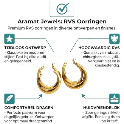 Aramat Jewels gold-tone stainless steel triple hoop earrings, 25x9mm, with a unique crossed design for a stacked look.