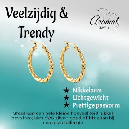 Aramat Jewels gold-colored stainless steel 35mm twisted hoop earrings with a swirl design.