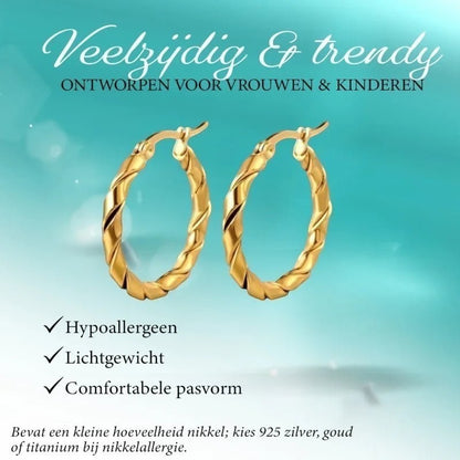 Aramat Jewels gold-tone stainless steel twisted hoop earrings, 25mm or 45mm, hypoallergenic and lightweight.