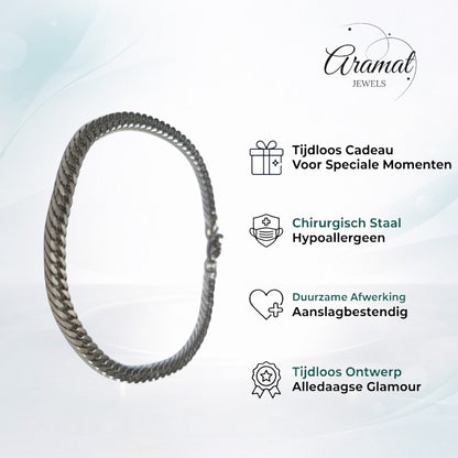 Aramat Jewels stoere afgevlakte gourmet armband in staal, 20cm x 4mm, met karabijnsluiting.