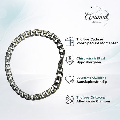 Aramat Jewels stoere zilverkleurige gourmet schakelarmband van staal, 22cm lang en 8mm breed.
