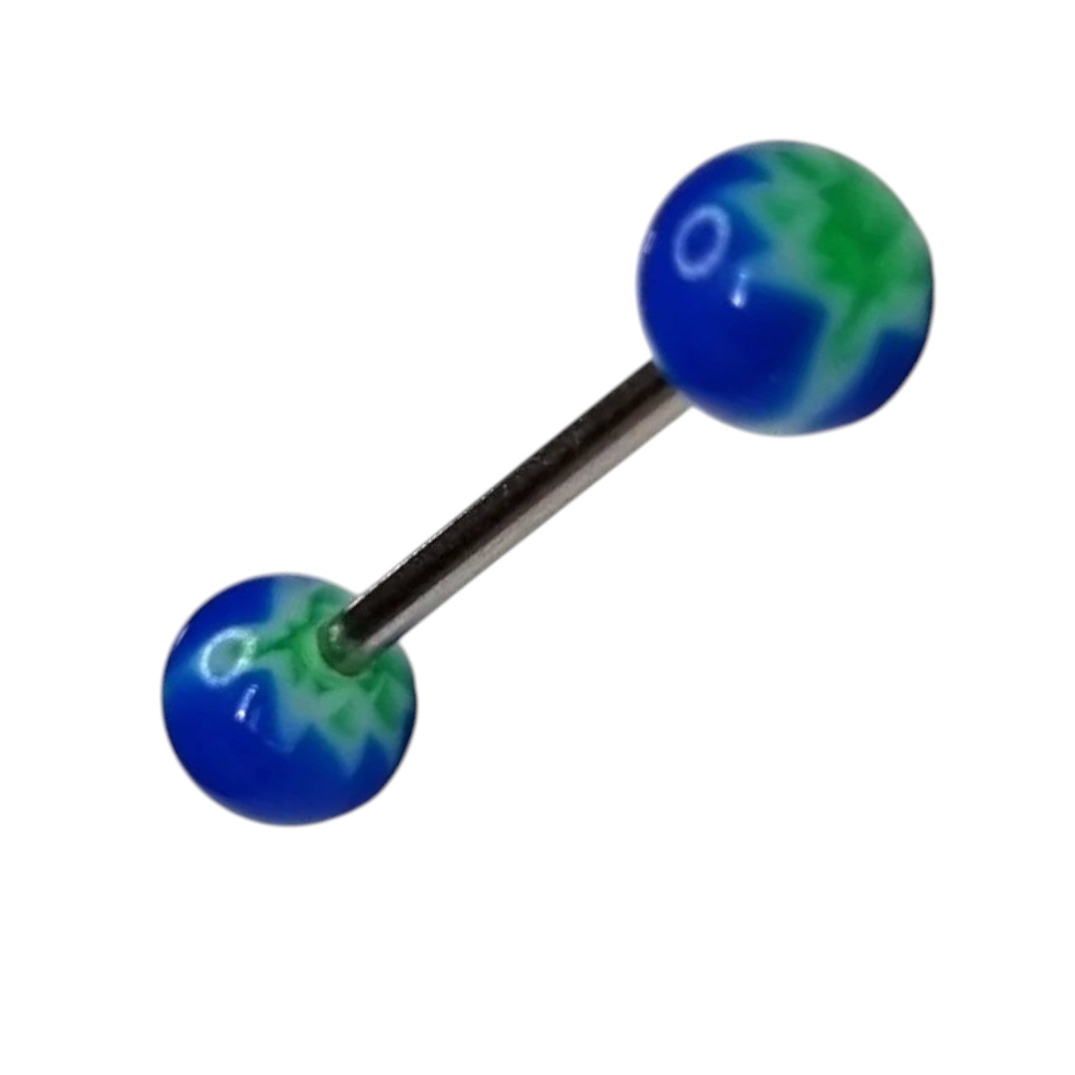 Aramat Jewels green and blue acrylic tongue piercing with a leaf design and silver barbell.